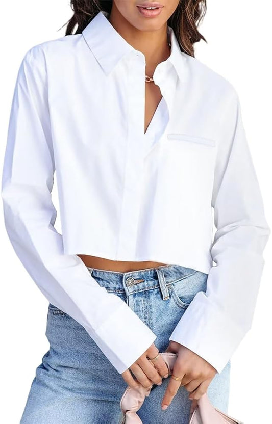Women's Button Down Cropped Shirts Long Sleeve Casual Crop Tops Loose Fit Cotton Lapel Blouse Fall