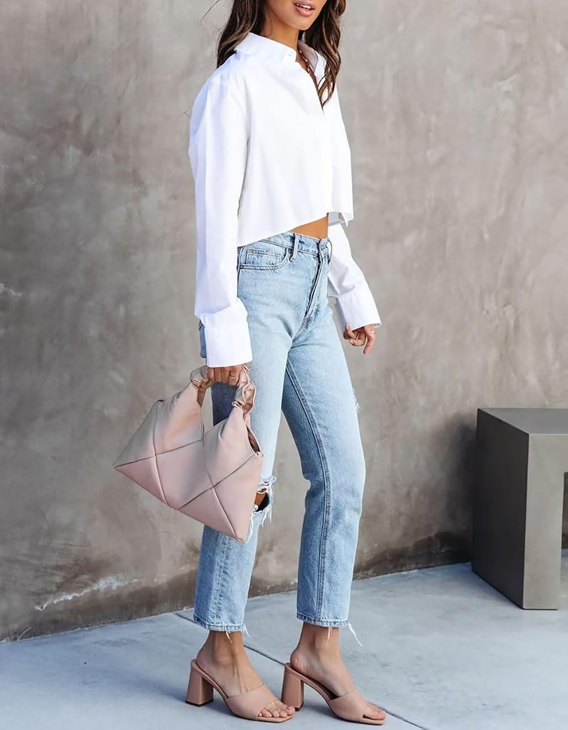 Women's Button Down Cropped Shirts Long Sleeve Casual Crop Tops Loose Fit Cotton Lapel Blouse Fall